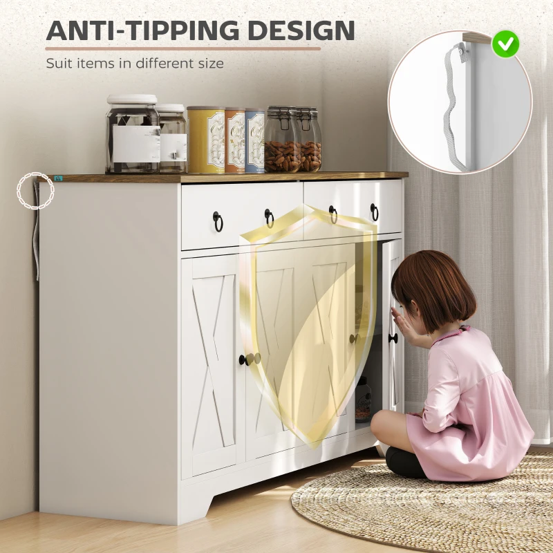 HOMCOM Kitchen Sideboard Cabinet with 2 Drawers, 4 Barn Doors and 2 Adjustable Shelves, Buffet Table for Living Room, White