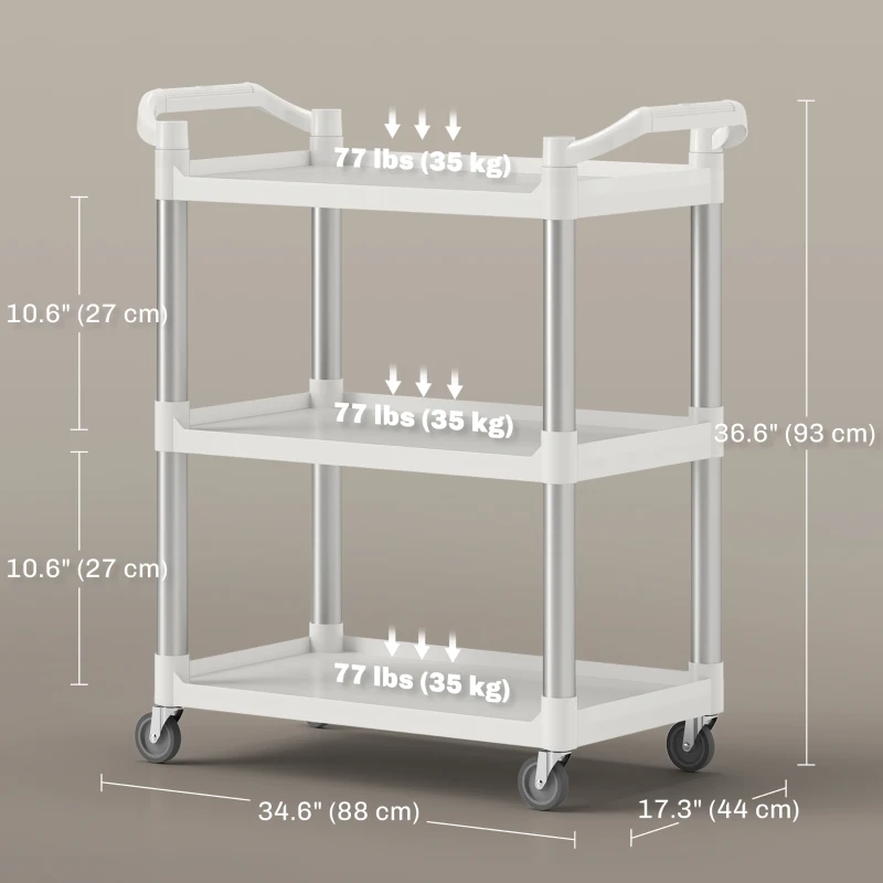 HOMCOM 3-Tier Utility Cart Rolling Storage Trolley with 3 Shelves, Silver and White