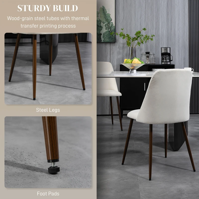 HOMCOM Upholstered Dining Chairs Set of 4, Velvet Accent Chair with Back and Wood-grain Steel Leg for Kitchen, Cream White