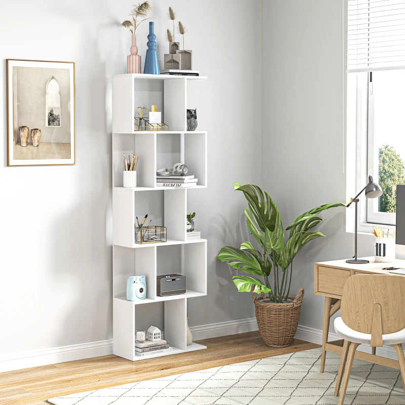 HOMCOM 5-Tier Geometric Bookshelf, S Shaped Bookcase, Modern Freestanding Display Shelf Unit for Home Office, White