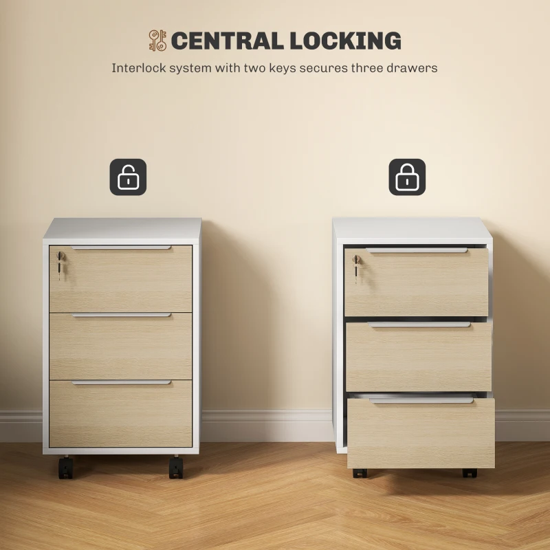 HOMCOM 3 Drawer File Cabinet with Wheels, Vertical Filing Cabinet with Lock, Oak