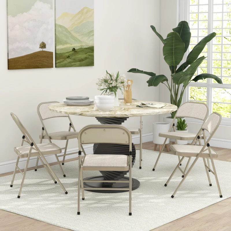 HOMCOM Set of 6 Metal Foldable Chairs, Linen Fabric Padded Folding Chairs with Cushion Seat and Open Back for Indoor, Beige