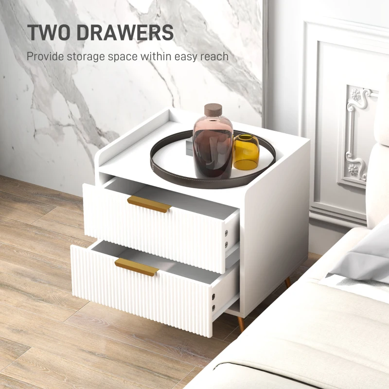 HOMCOM Bedside Table, Nightstand with 2 Drawers, Side End Table with Metal Legs for Bedroom, White
