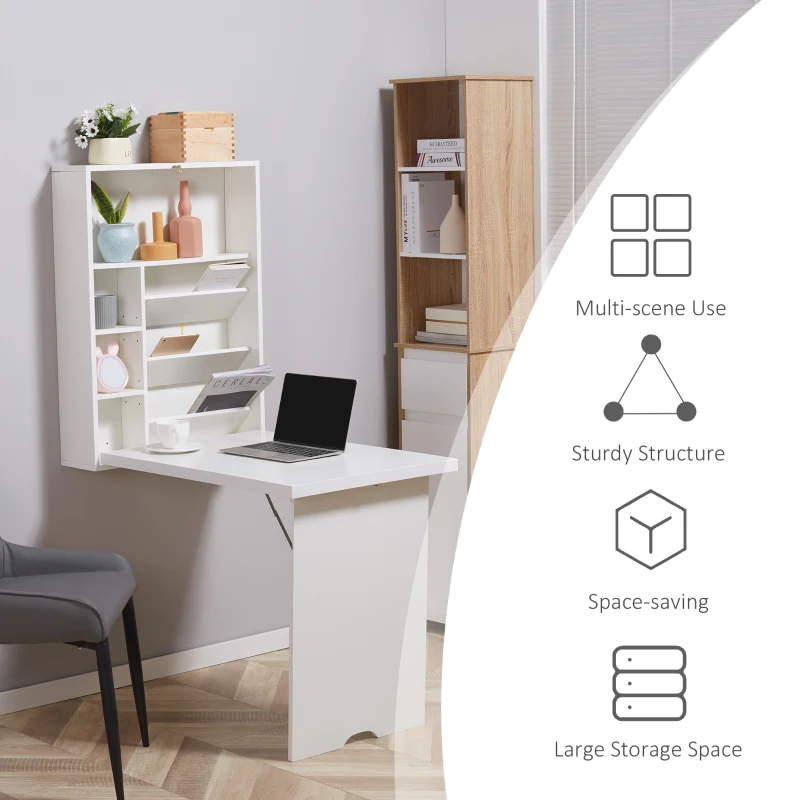 HOMCOM Wall Mounted Fold Out Convertible Desk, Multi-Function Floating Desk with Storage Shelf for Home Office, White