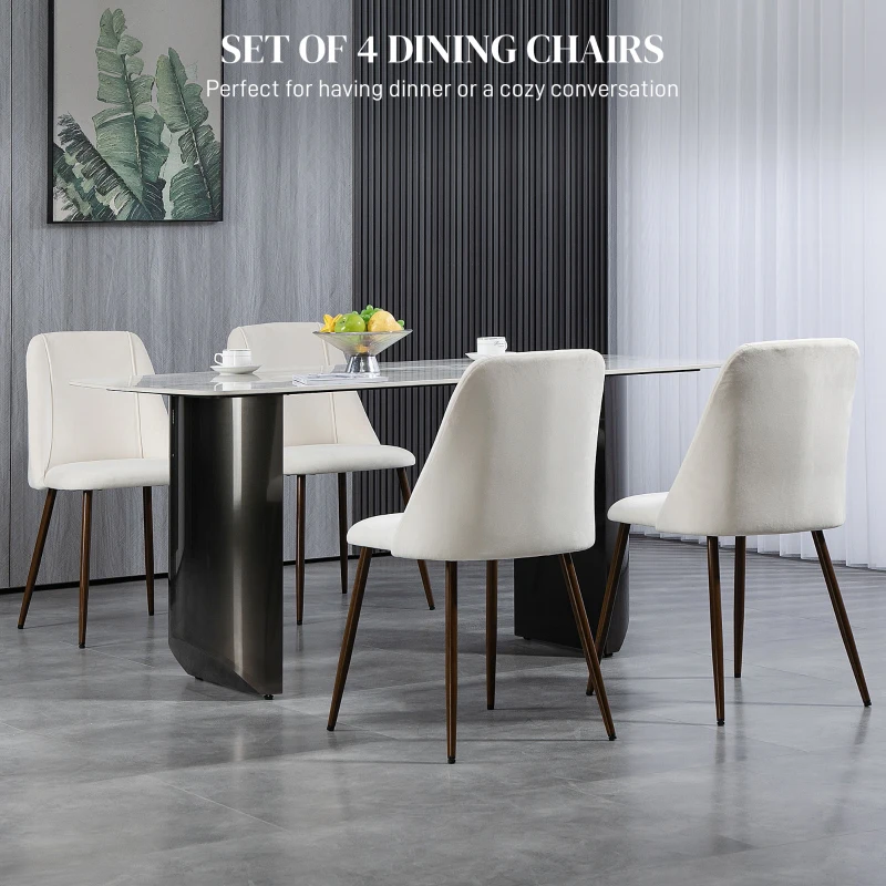 HOMCOM Upholstered Dining Chairs Set of 4, Velvet Accent Chair with Back and Wood-grain Steel Leg for Kitchen, Cream White