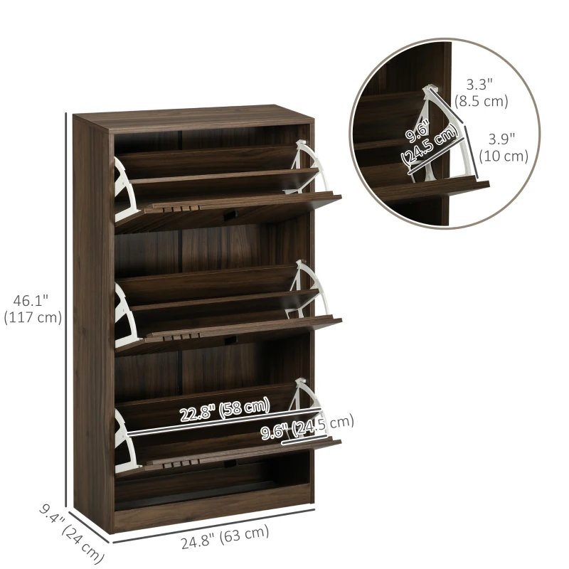 HOMCOM Shoe Storage Cabinet Organizer for 18 Pairs of Shoes with 3 Flip Drawers and Adjustable Shelves, Walnut