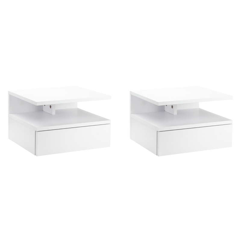 HOMCOM Floating Nightstand Set of 2, Wall Mounted Bedside Table with Drawer and Shelf, Small Night Stand for Bedroom, White