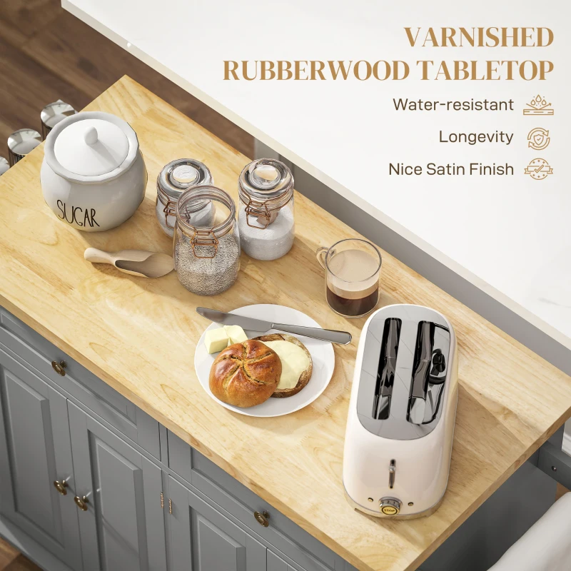 HOMCOM Kitchen Island Cart with Rubber Wood Top, Rolling Kitchen Island Table on Wheels with Drawers, Adjustable Shelves, Spice Rack and Towel Rack for Dining Room, Gray