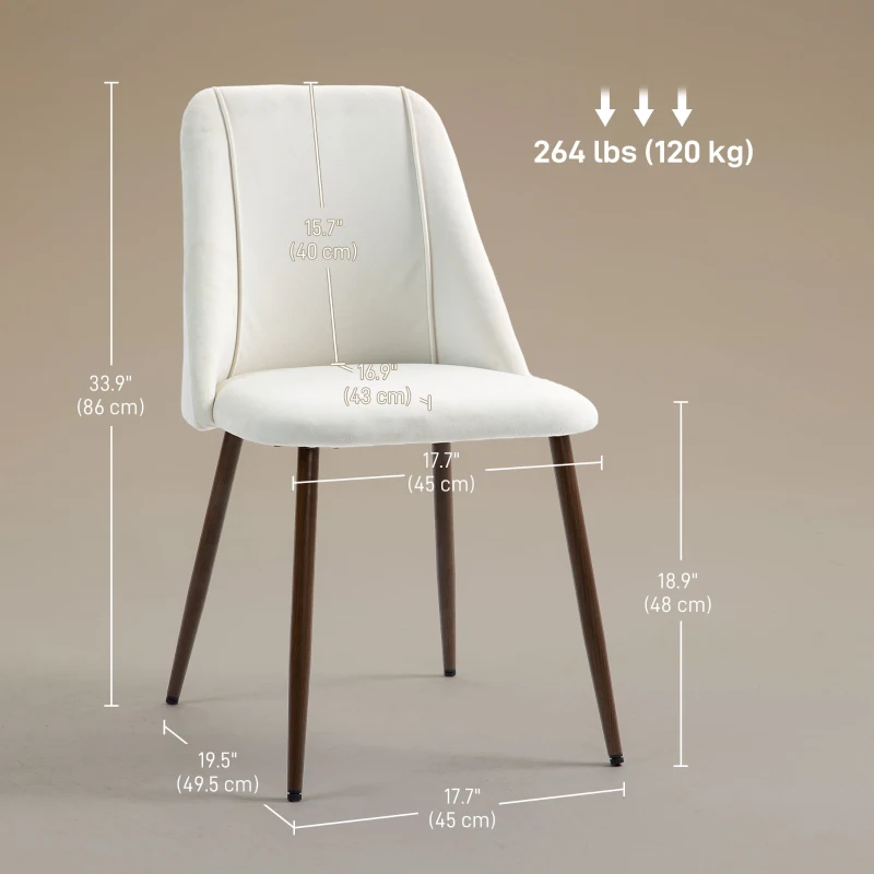 HOMCOM Upholstered Dining Chairs Set of 4, Velvet Accent Chair with Back and Wood-grain Steel Leg for Kitchen, Cream White