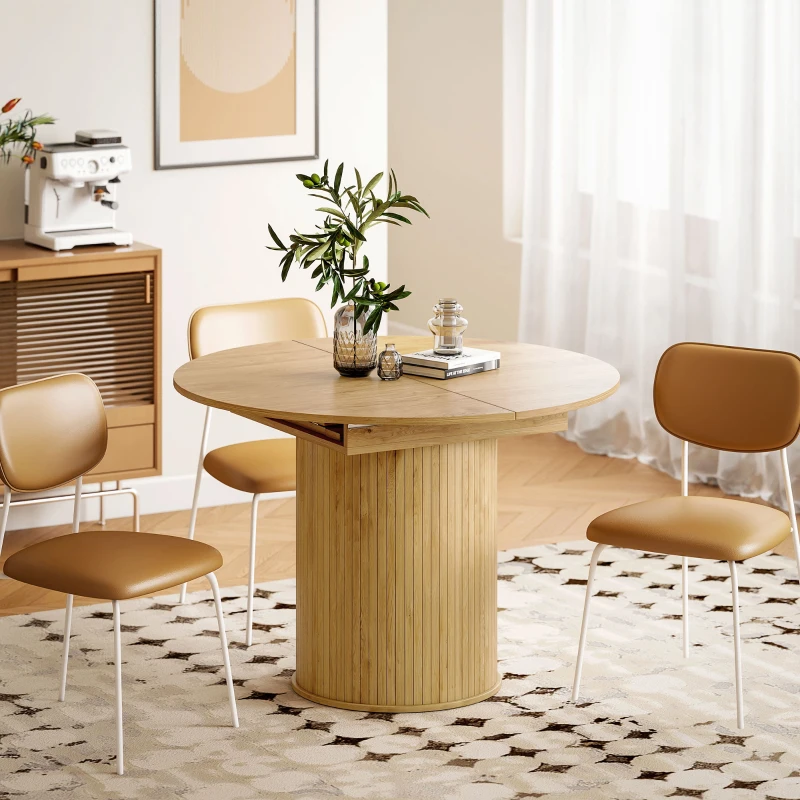 HOMCOM Extendable Kitchen Table for 6-8, 43.5"-59" Farmhouse Dining Table with Pedestal Base Natural Wood Finish