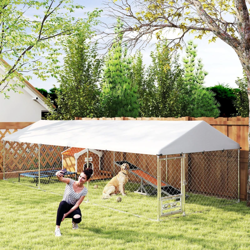 PawHut Outdoor Dog Kennel with Adjustable & Rotatable Bowl Rack, Waterproof Cover, Secure Lock, 19.7' x 7.5' x 5.2'