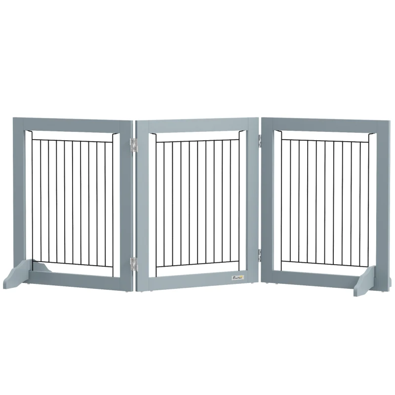 PawHut Freestanding Pet Gate, Folding Dog Gate with 2 Support Feet, 24" High, 3 Panels, for Small Dogs, Indoor Use - Grey