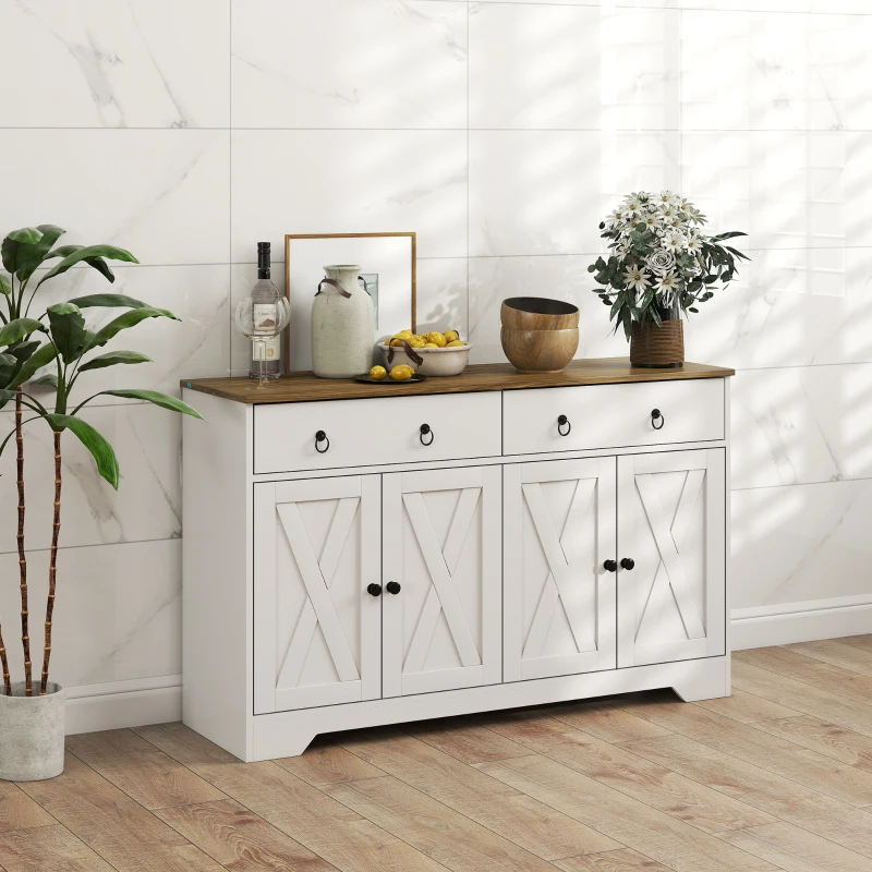 HOMCOM Kitchen Storage Sideboard, Farmhouse Buffet Cabinet with Barn Style Doors, Drawers, Adjustable Shelves, White