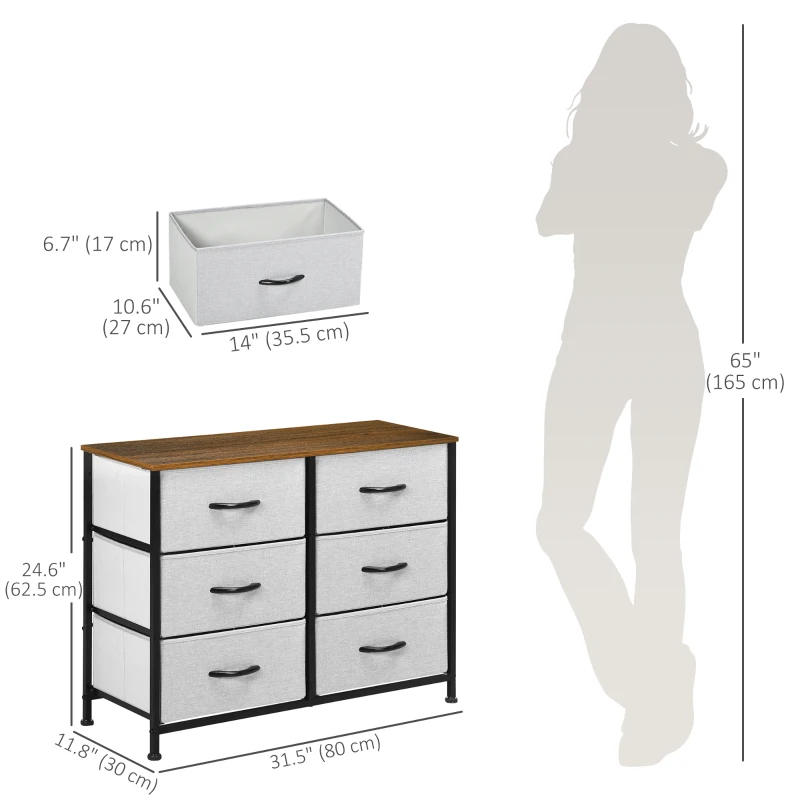 HOMCOM 6 Drawer Dresser for Bedroom, Fabric Chest of Drawers with Steel Frame, Wood Grain Top and Handles, Grey