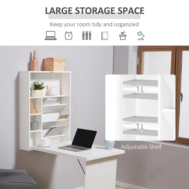 HOMCOM Wall Mounted Fold Out Convertible Desk, Multi-Function Floating Desk with Storage Shelf for Home Office, White