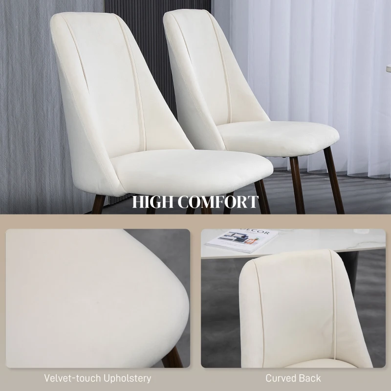 HOMCOM Upholstered Dining Chairs Set of 4, Velvet Accent Chair with Back and Wood-grain Steel Leg for Kitchen, Cream White
