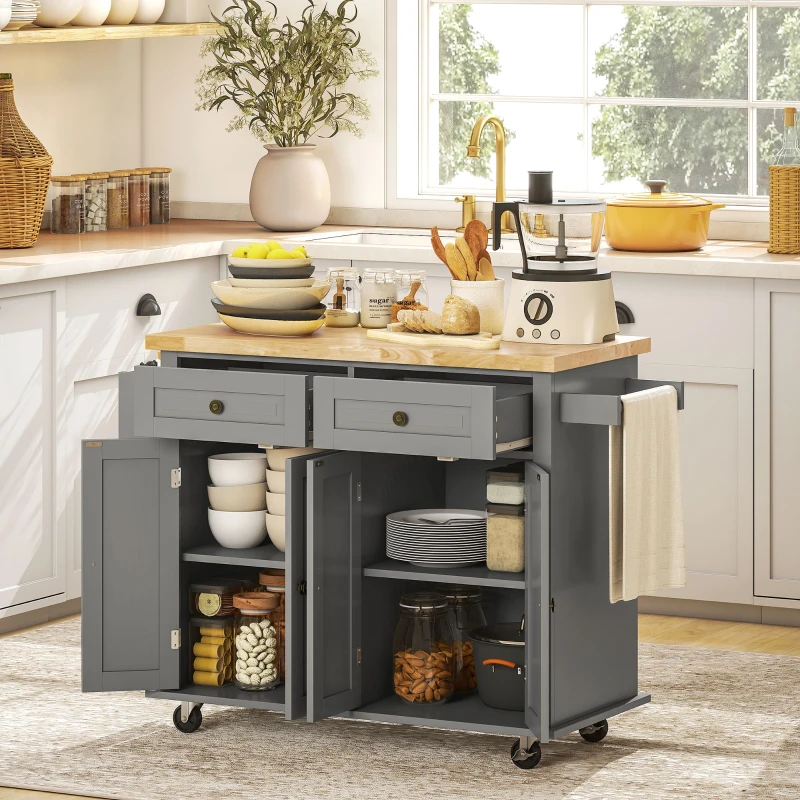 HOMCOM Kitchen Island Cart with Rubber Wood Top, Rolling Kitchen Island Table on Wheels with Drawers, Adjustable Shelves, Spice Rack and Towel Rack for Dining Room, Gray