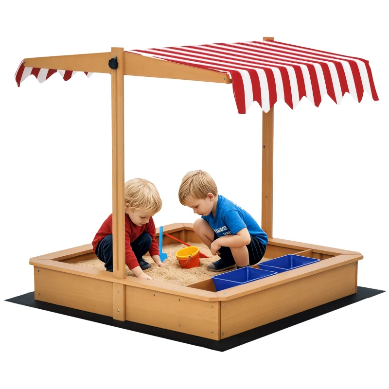 Outsunny Kids Wooden Sandbox, Children Play Sand Station Outdoor with Adjustable Height Cover Lid, Bottom Liner, Seat, Plastic Basins, for 3-7 Years Old Boys and Girls