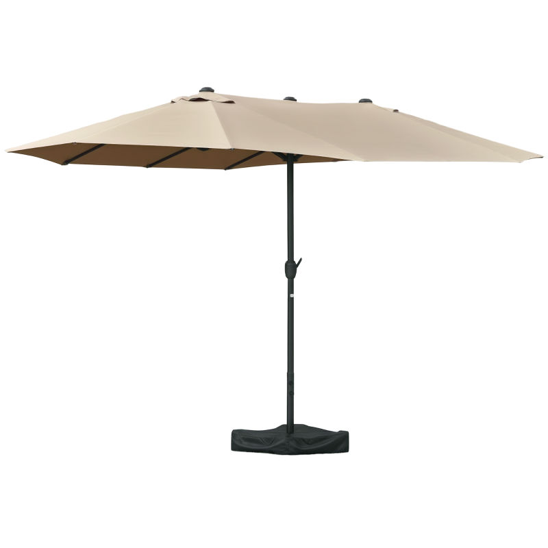 Outsunny 15' Outdoor Patio Umbrella with Twin Canopy Sunshade Steel Table Umbrella with Lift Crank, Cross base, Sandbag, Khaki