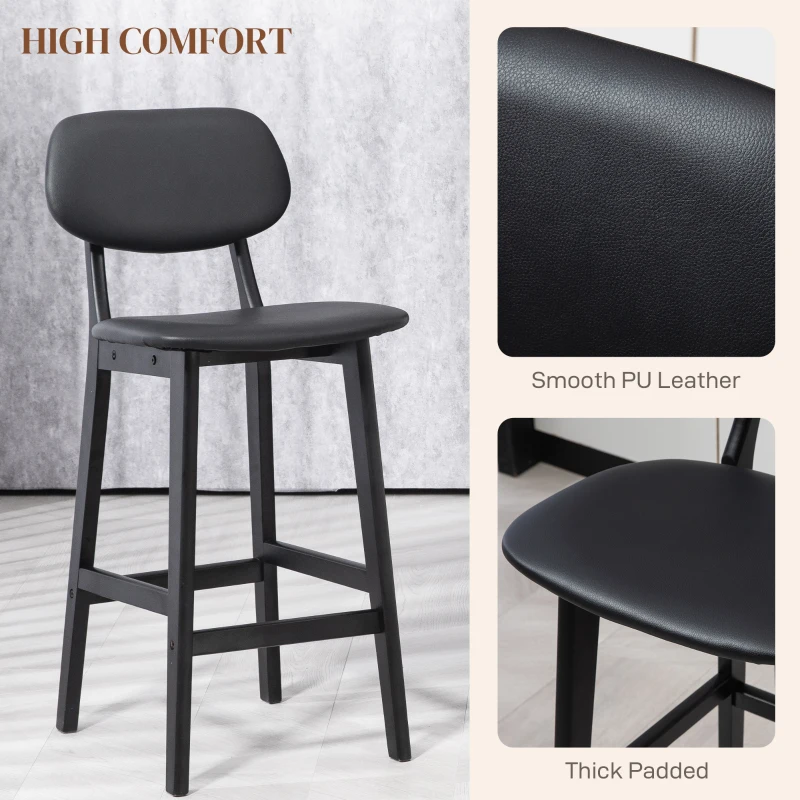 HOMCOM Bar Stools Set of 2, PU Leather Counter Height Barstools, Bar Chairs with Footrest and Solid Wood Legs, Black