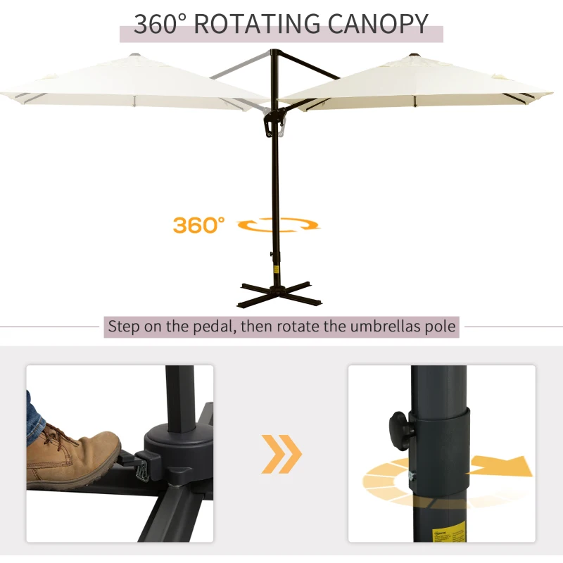 Outsunny 8FT Cantilever Patio Umbrella, Square Outdoor Offset Umbrella with 360° Rotation, Aluminum Hanging Umbrella with 3-Position Tilt, Crank & Cross Base for Garden, Cream White