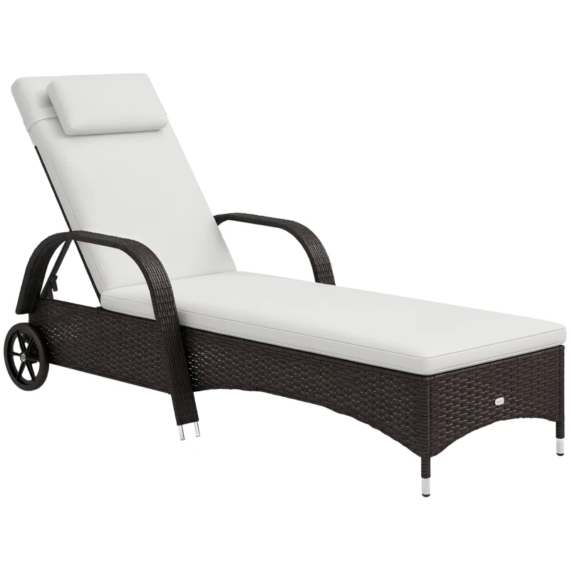Outsunny Wicker Chaise Lounge, Outdoor Lounge Chair, PE Rattan Patio Sun lounger with Head-rest, 5-Level Height Adjust Backrest, Cushion & Wheels, Mixed Brown and Cream White