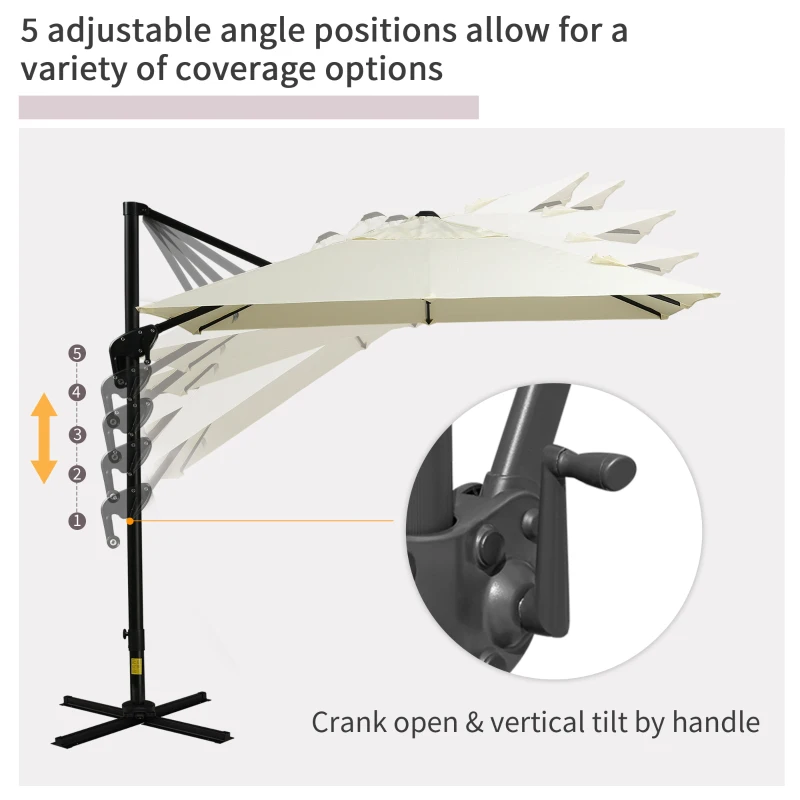 Outsunny 8FT Cantilever Patio Umbrella, Square Outdoor Offset Umbrella with 360° Rotation, Aluminum Hanging Umbrella with 3-Position Tilt, Crank & Cross Base for Garden, Cream White