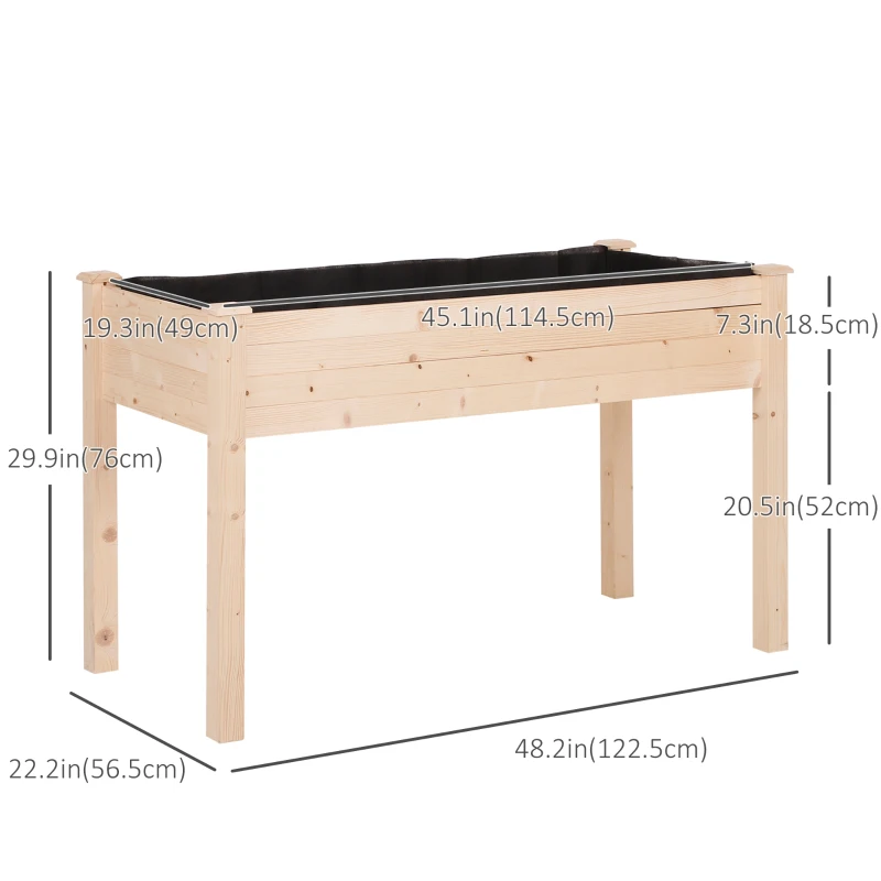 Outsunny 48" x 22" x 30" Wooden Patio Raised Garden Bed Planter, Elevated Planter Box with Legs, Outdoor Flower Stand with Inner Bag, Natural Wood Colour