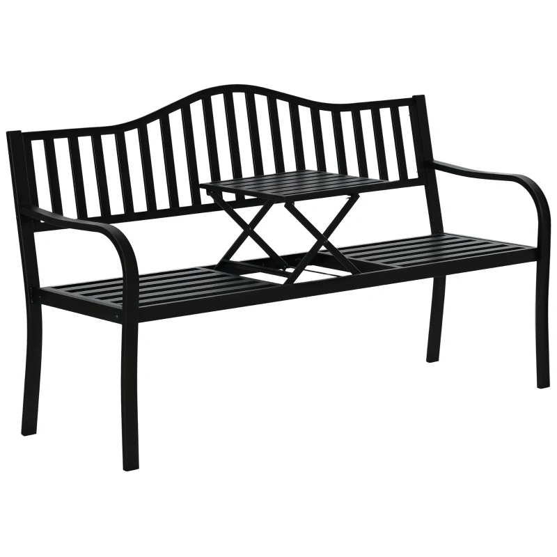 Outsunny Metal Outdoor Bench with Liftable Middle Table, Patio Loveseat, Garden Bench for Lawn, Porch, Seats 2–3 People, Black