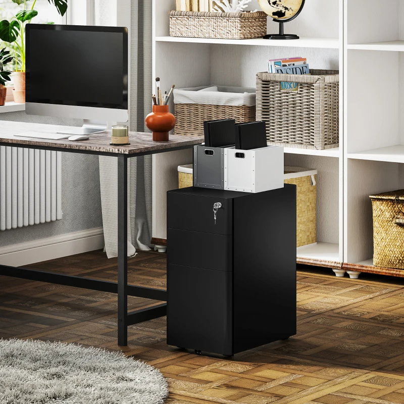 Vinsetto 3 Drawer Filing Cabinet, Lockable Steel Office Storage Cabinet with Hanging Bar for Letter, A4, Legal Files, Black