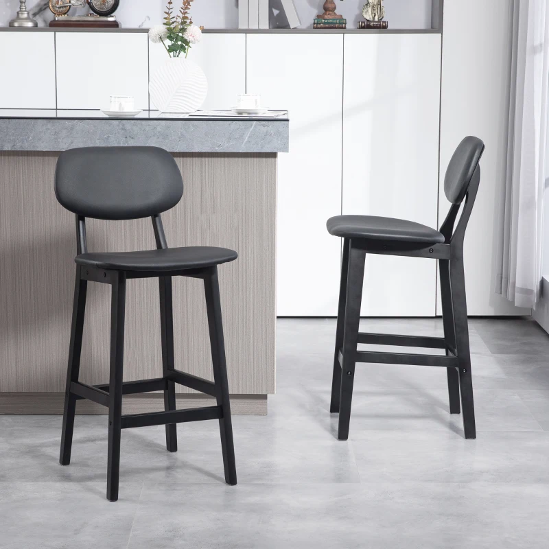 HOMCOM Bar Stools Set of 2, PU Leather Counter Height Barstools, Bar Chairs with Footrest and Solid Wood Legs, Black