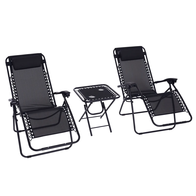 Outsunny Zero Gravity Chair Set of 2 Patio Chair with Side Table Cupholders and Pillows for Pool, Backyard, Lawn, Black