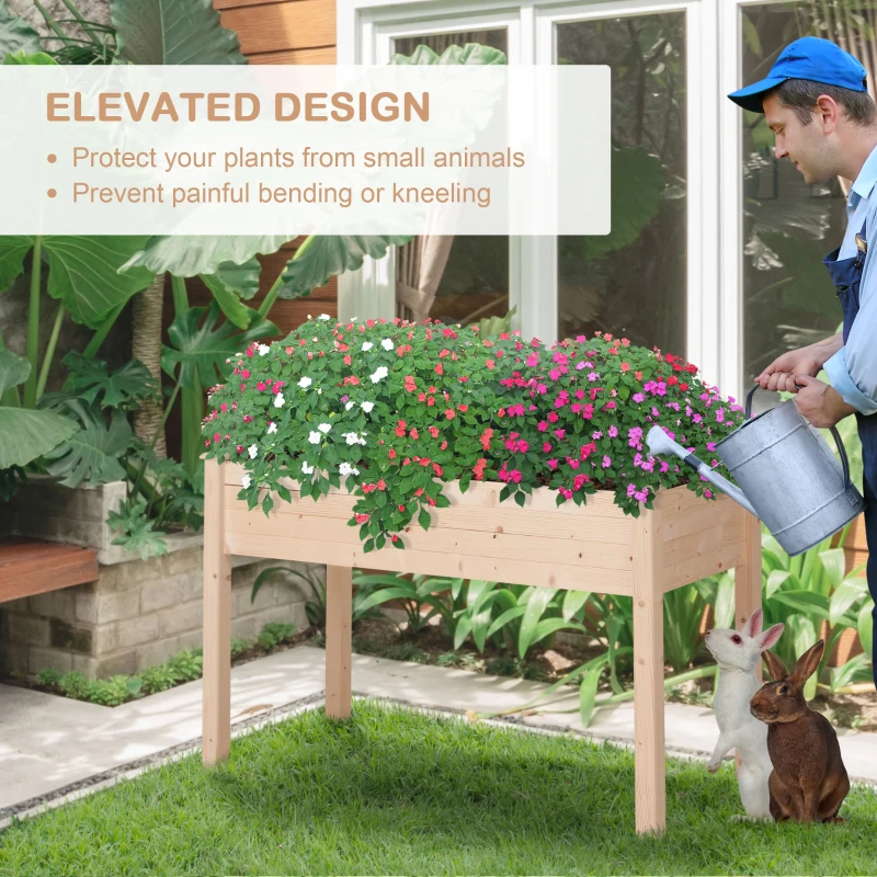 Outsunny 48" x 22" x 30" Wooden Patio Raised Garden Bed Planter, Elevated Planter Box with Legs, Outdoor Flower Stand with Inner Bag, Natural Wood Colour