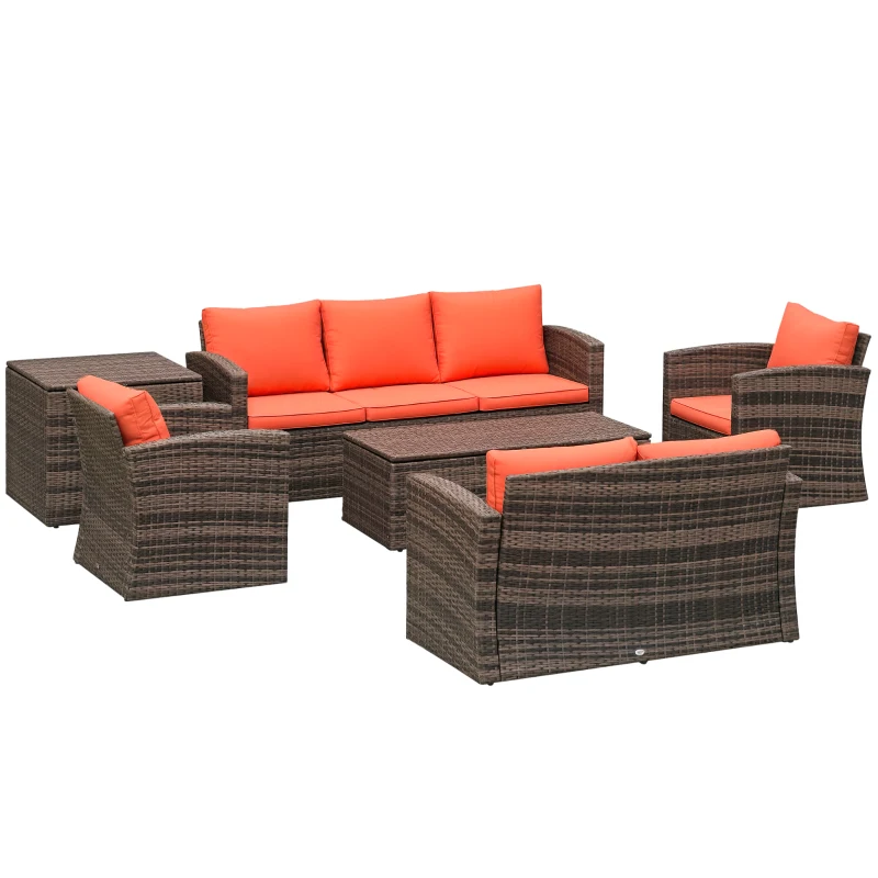 Outsunny 6 Pieces Wicker Patio Furniture Set with Cushions, 7-Seater Rattan Patio Sofa Set with Storage Table, Orange