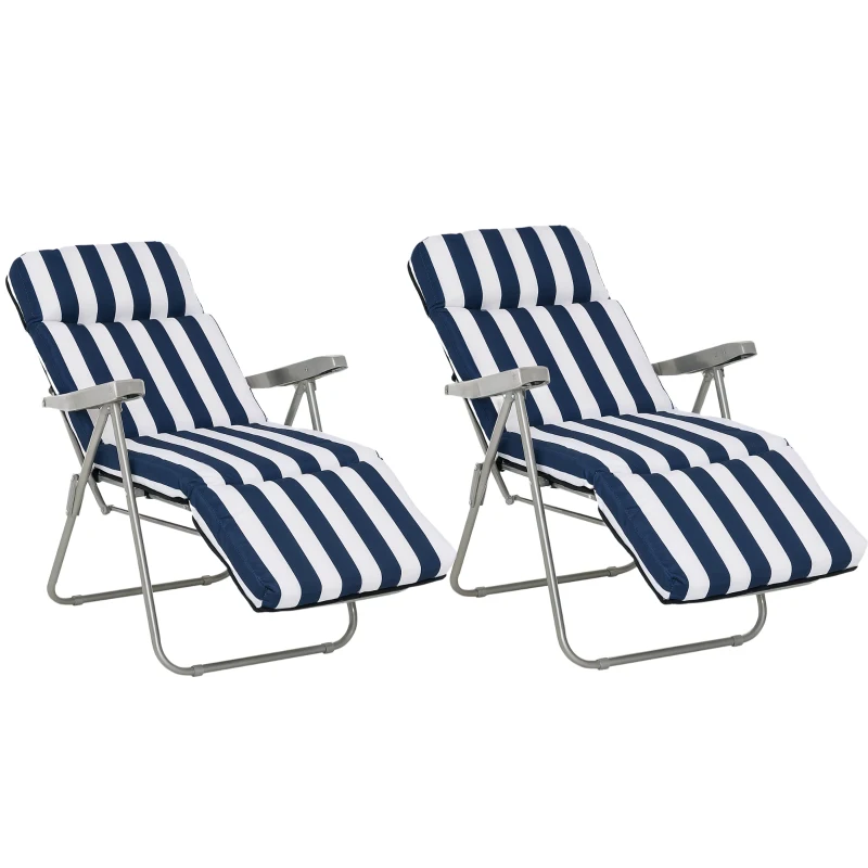 Outsunny Set of 2 Garden Sun Lounger Outdoor Reclining Seat Cushioned Seat Foldable Adjustable Recliner White and Blue