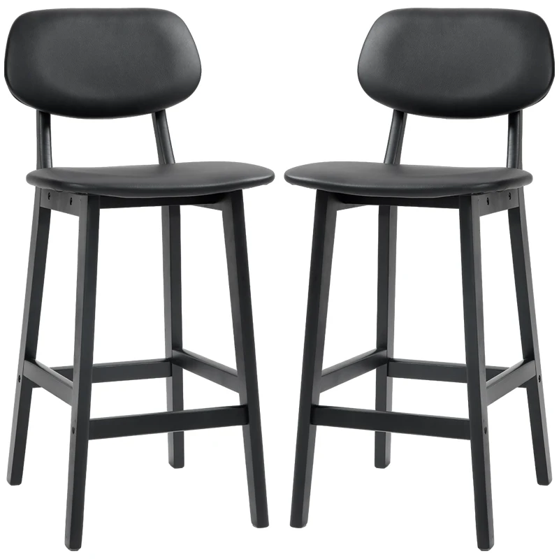 HOMCOM Bar Stools Set of 2, PU Leather Counter Height Barstools, Bar Chairs with Footrest and Solid Wood Legs, Black