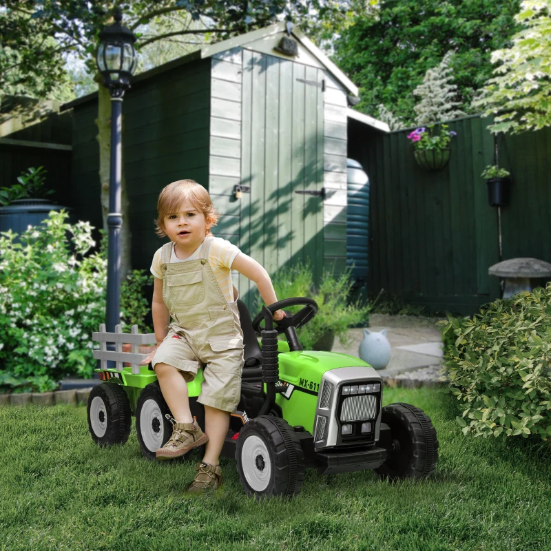 Aosom 12V Kids Ride on Tractor with Trailer, Battery Powered Electric Tractor with Remote Control, Music Start up Sound and Horn, USB, LED Lights, Green