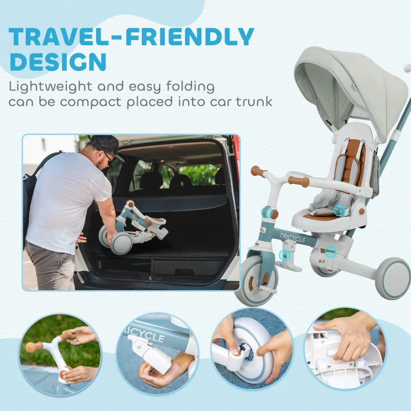 Qaba 7 in 1 Toddler Tricycle with Safety Harness, Adjustable & Removable Parent Handle, Canopy, Storage Bag, Brake, Blue