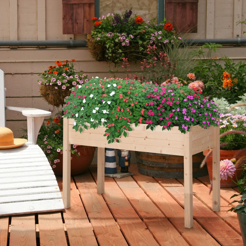 Outsunny 48" x 22" x 30" Wooden Patio Raised Garden Bed Planter, Elevated Planter Box with Legs, Outdoor Flower Stand with Inner Bag, Natural Wood Colour