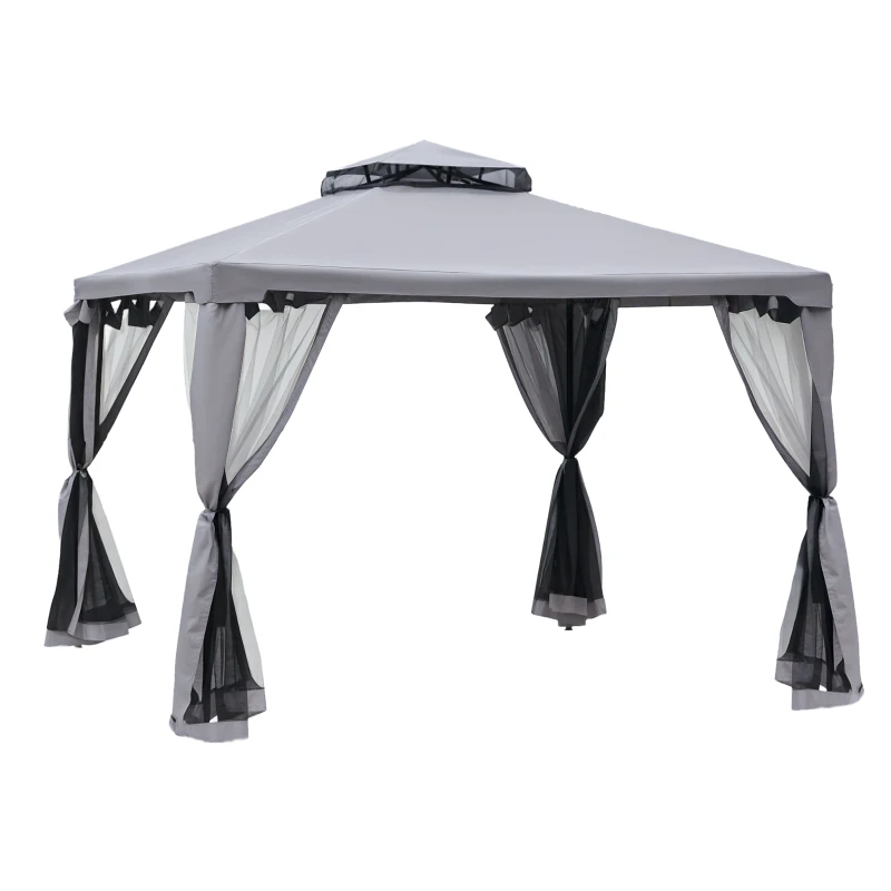 Outsunny 10' x 10' Patio Gazebo Outdoor Pavilion 2 Tire Roof Canopy Shelter Garden Event Party Tent Yard Sun Shade Steel Frame w/ Mosquito Netting Grey