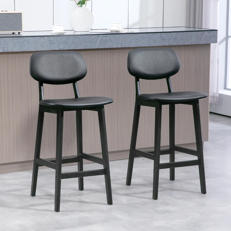 HOMCOM Bar Stools Set of 2, PU Leather Counter Height Barstools, Bar Chairs with Footrest and Solid Wood Legs, Black