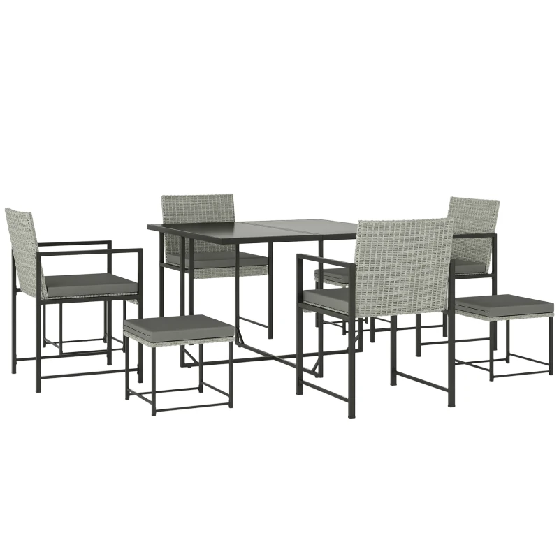 Outsunny 9 Pieces Wicker Patio Dining Set with 4 Armchairs, 4 Stools, Tempered Glass Top, Removable Cushions, Light Grey