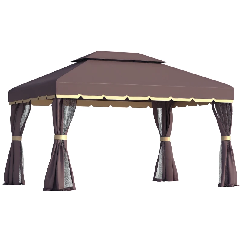 Outsunny 10' x 13' Patio Gazebo, Aluminum Frame Double Roof Outdoor Gazebo Canopy Shelter with Netting & Curtains, Coffee