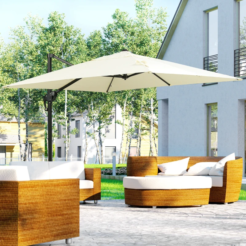 Outsunny 8FT Cantilever Patio Umbrella, Square Outdoor Offset Umbrella with 360° Rotation, Aluminum Hanging Umbrella with 3-Position Tilt, Crank & Cross Base for Garden, Cream White