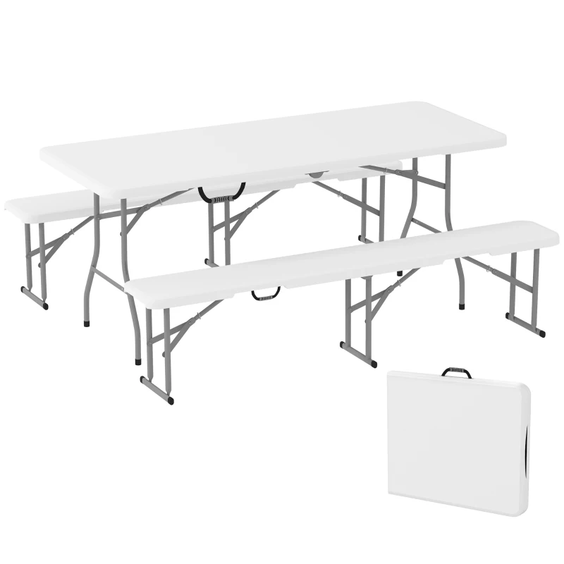 Outsunny 6FT 3 PCS Portable Camping Table and Chairs, Folding Picnic Table Bench Set with Carrying Handles for BBQ, Party, White