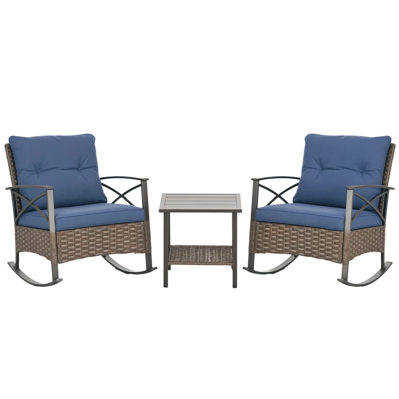 Outsunny 3 Piece Rocking Bistro Set, Outdoor Wicker Patio Conversation Set with Rockers, Table, Cushions, for Garden, Dark Blue