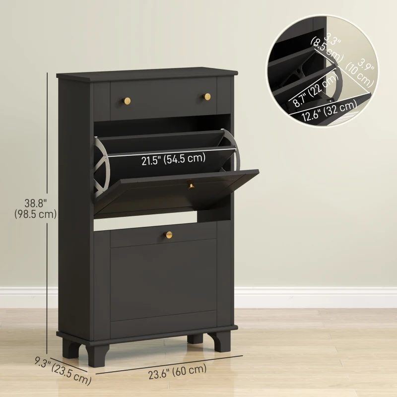 HOMCOM Slim Shoe Storage with 2 Flip Drawers and Adjustable Shelves Shoe Cabinet Organizer for 8 Pair, Black