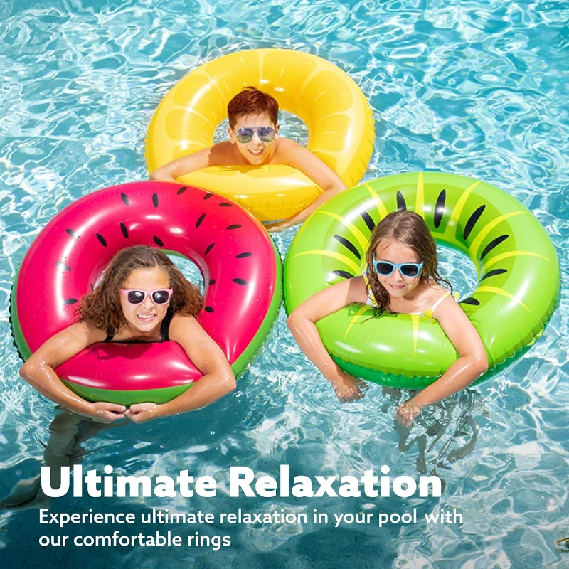 Inflatable Swim Tube Raft 3-Pack with Summer Fruits Design, Phthalates-Free Vinyl, 32.5" Rings for Kids Aged 9+, 32.5" L x 32.5" W, Multicolor