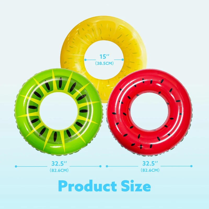 Inflatable Swim Tube Raft 3-Pack with Summer Fruits Design, Phthalates-Free Vinyl, 32.5" Rings for Kids Aged 9+, 32.5" L x 32.5" W, Multicolor