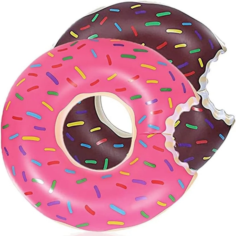 Set of 2 Donut Pool Float with Bite-Mark Design, Strong Buoyancy, Fun Inflatable Swim Rings for Kids Ages 3-6, 23.5" L x 23.5" W, Pink+Brown